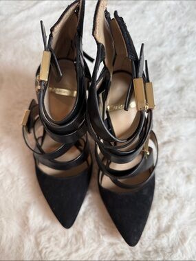 Guess by Marciano Black Strappy Pointed-Toe Heels with Gold Accents